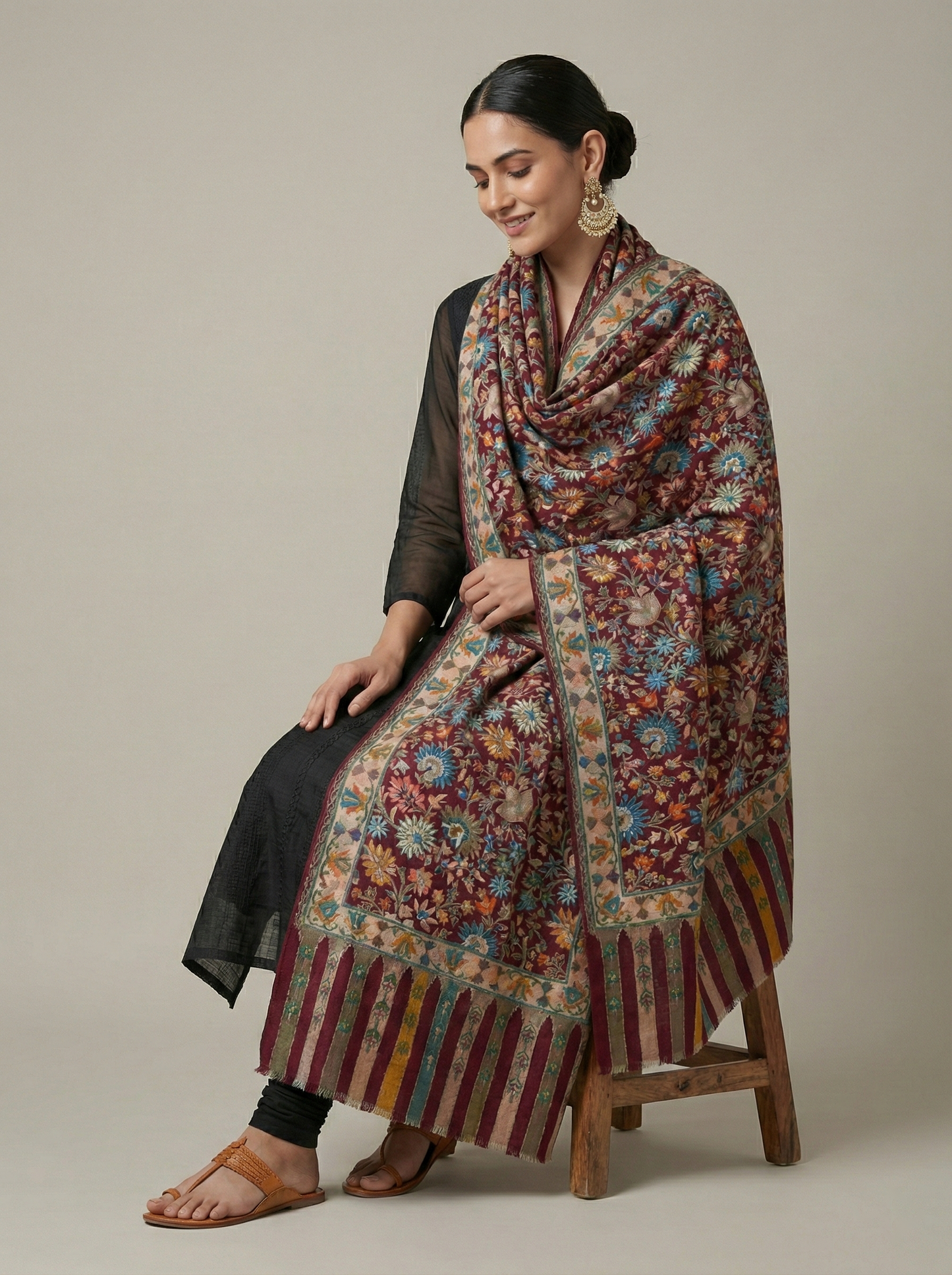 Rangrez Kalamkari Kashmiri Semi-Pashmina Shawl