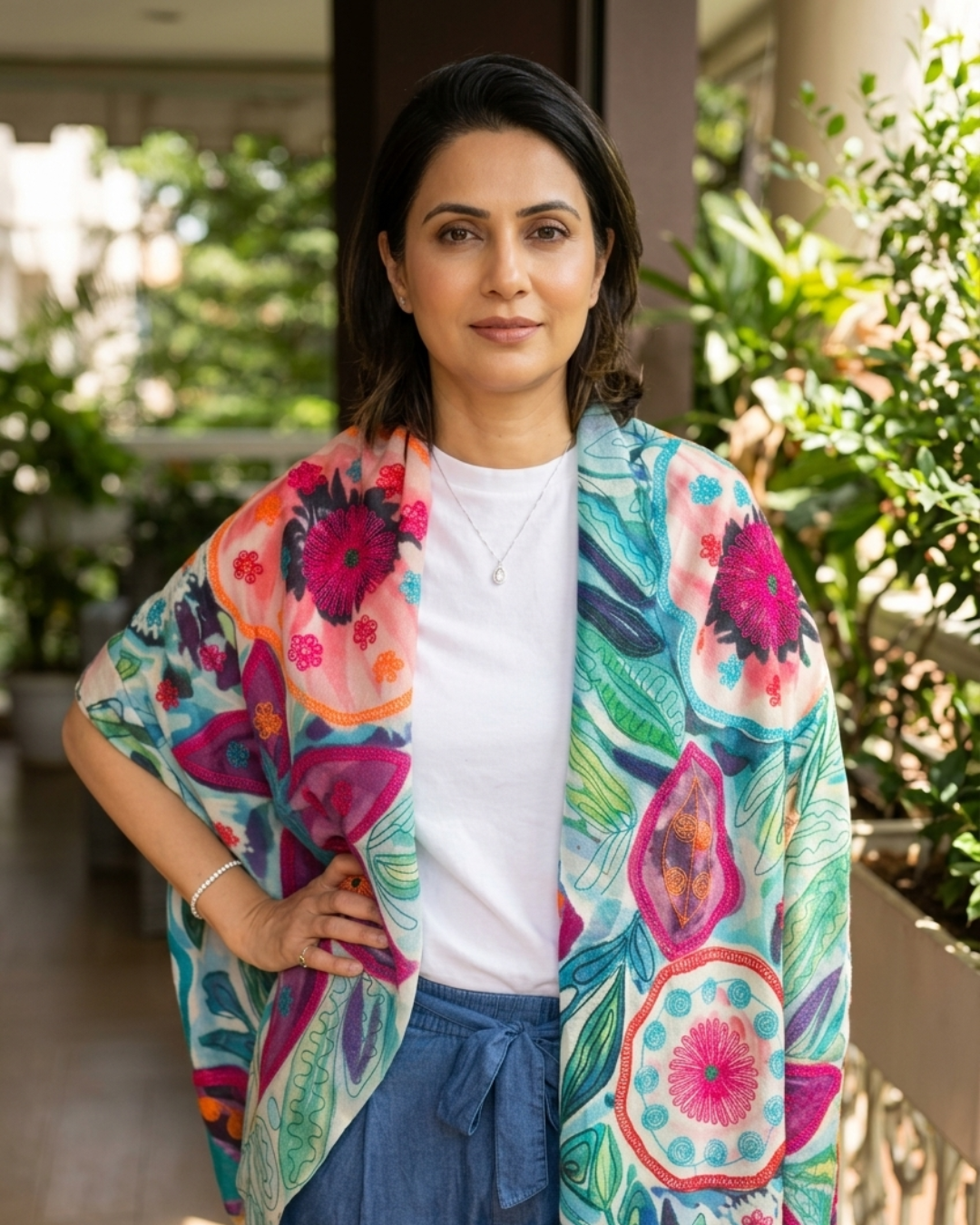 Blossoms of Kashmir: Fine Wool Hand-Embroidered Garden Stole