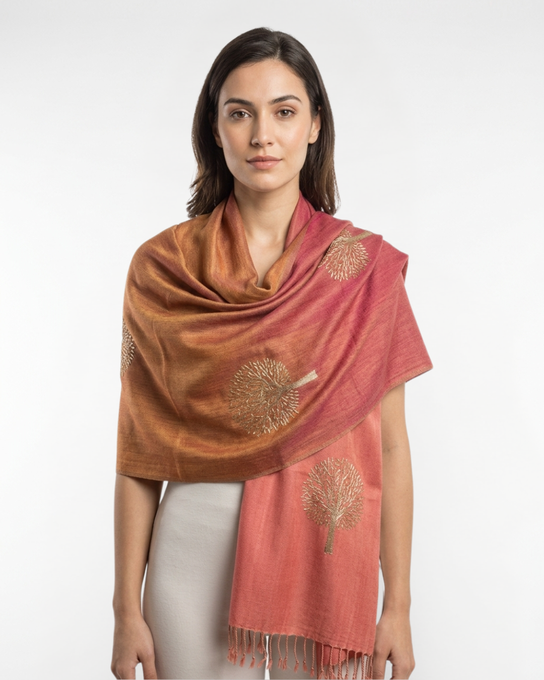 Meadow Whisper: Pink-Gold Soft Silk Scarf with Zari Tree Embroidery