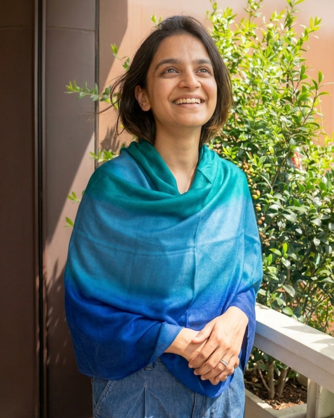 Cerulean Tide: Three-Tone Blue & Green Soft Silk Scarf