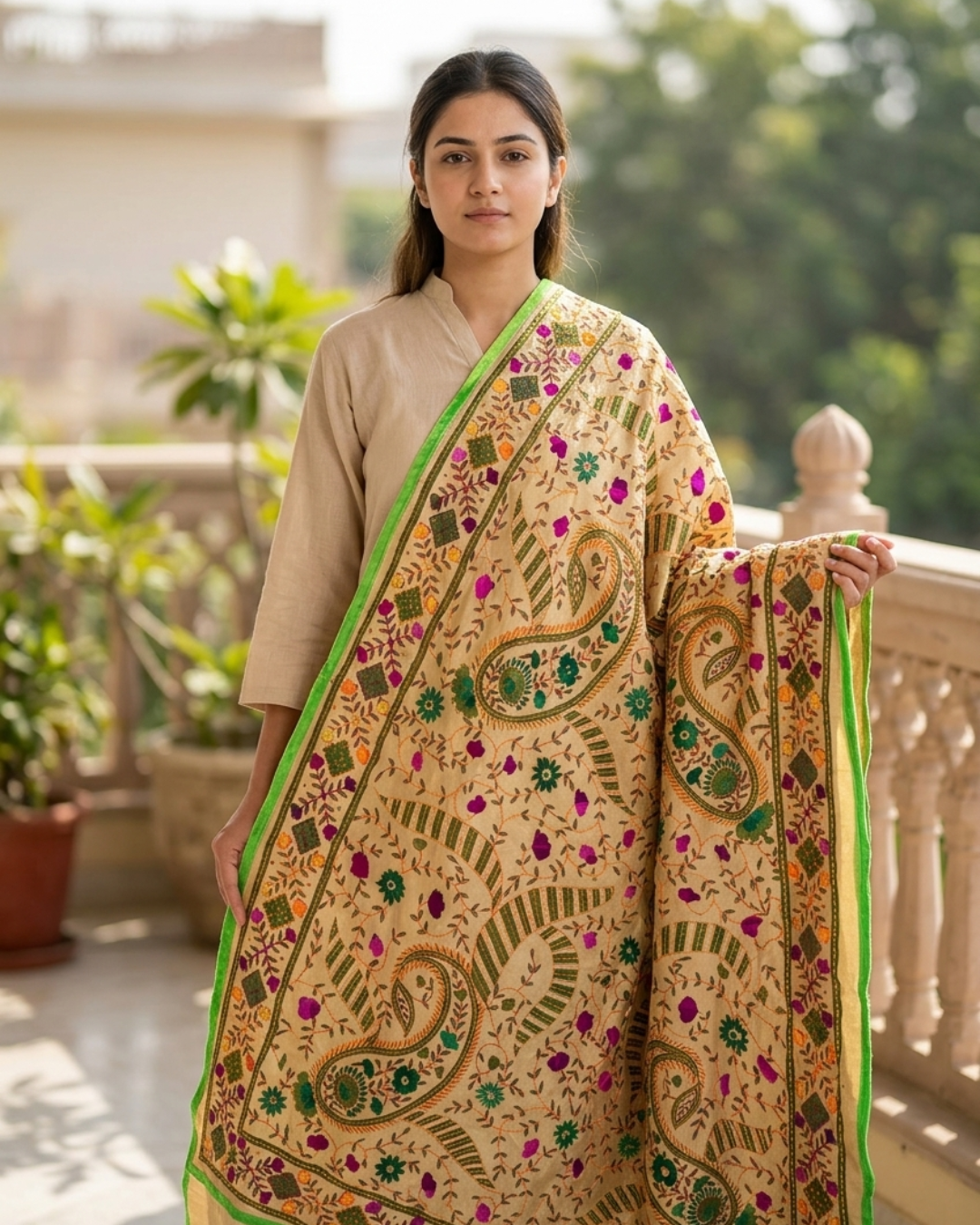 The Bengali Heirloom: Hand-Crafted Kantha Embroidered Tussar Silk Scarf