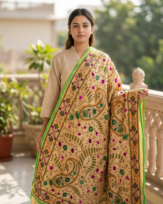 The Bengali Heirloom: Hand-Crafted Kantha Embroidered Tussar Silk Scarf