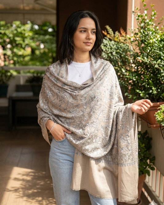 Antique Beige & Sapphire: Feather-Soft Woven Floral Shawl