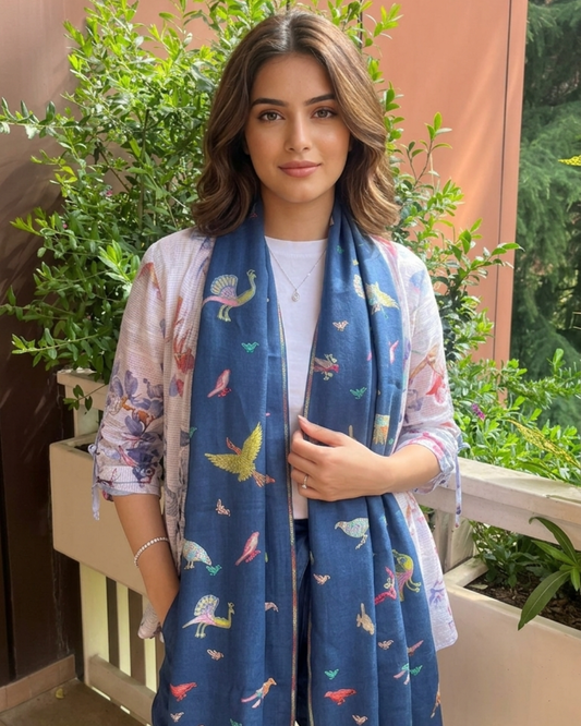 The Midnight Sanctuary: Handmade Fine Pashmina Bird Embroidered Stole