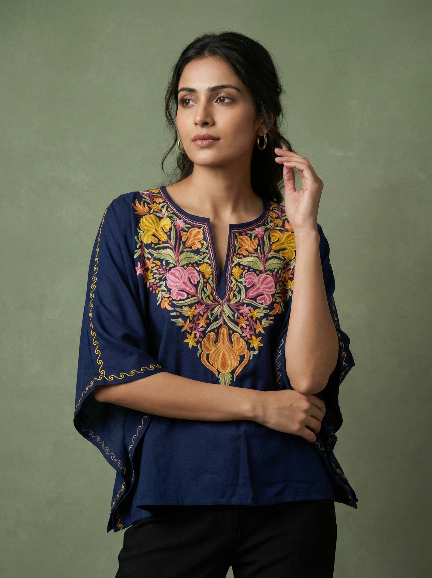 Bohemian Kashmiri Embroidered Cape – Navy Wool Kaftan