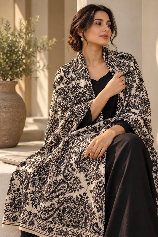 Black & White Kashmiri Embroidered Shawl | Aari Jaal Work