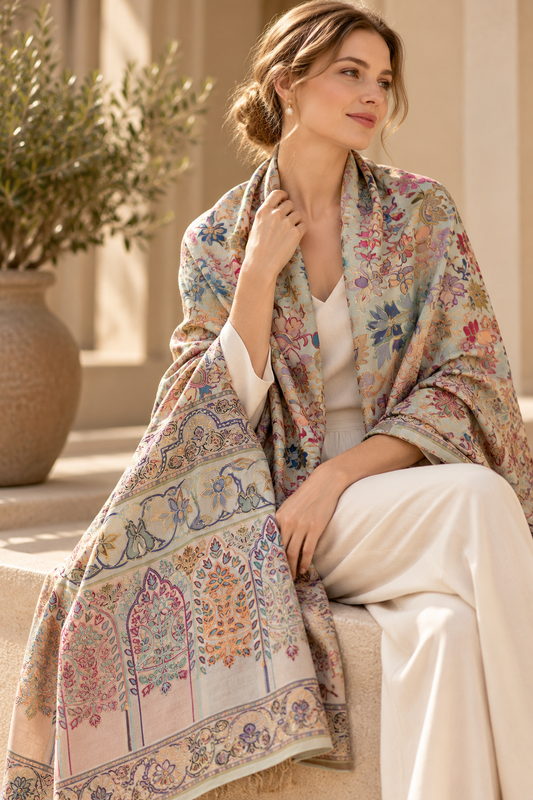 Digital Embroidered Painted Pashmina-Style Scarf in Light Grey | Multicolour Floral Wool Shawl