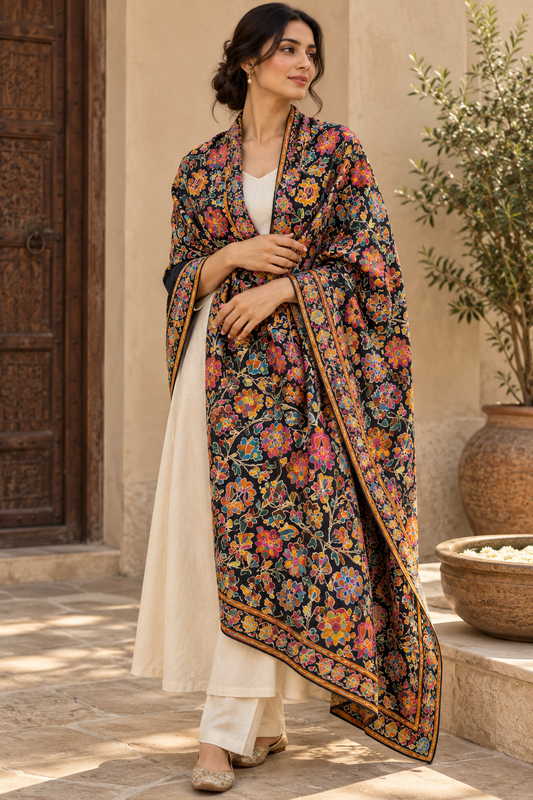 Embroidered Pashmina-Style Wool Shawl in Black | Multicolour Floral Digital Embroidery Kashmiri Shawl