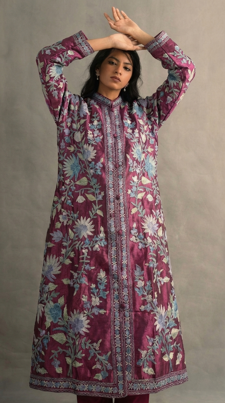 Kashmiri Kashida Raw Silk Long Coat