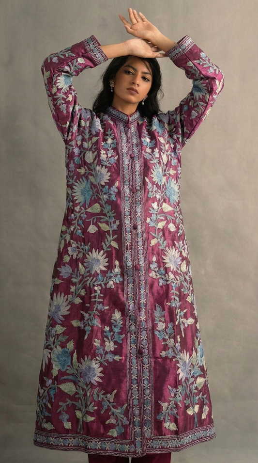 Kashmiri Kashida Raw Silk Long Coat