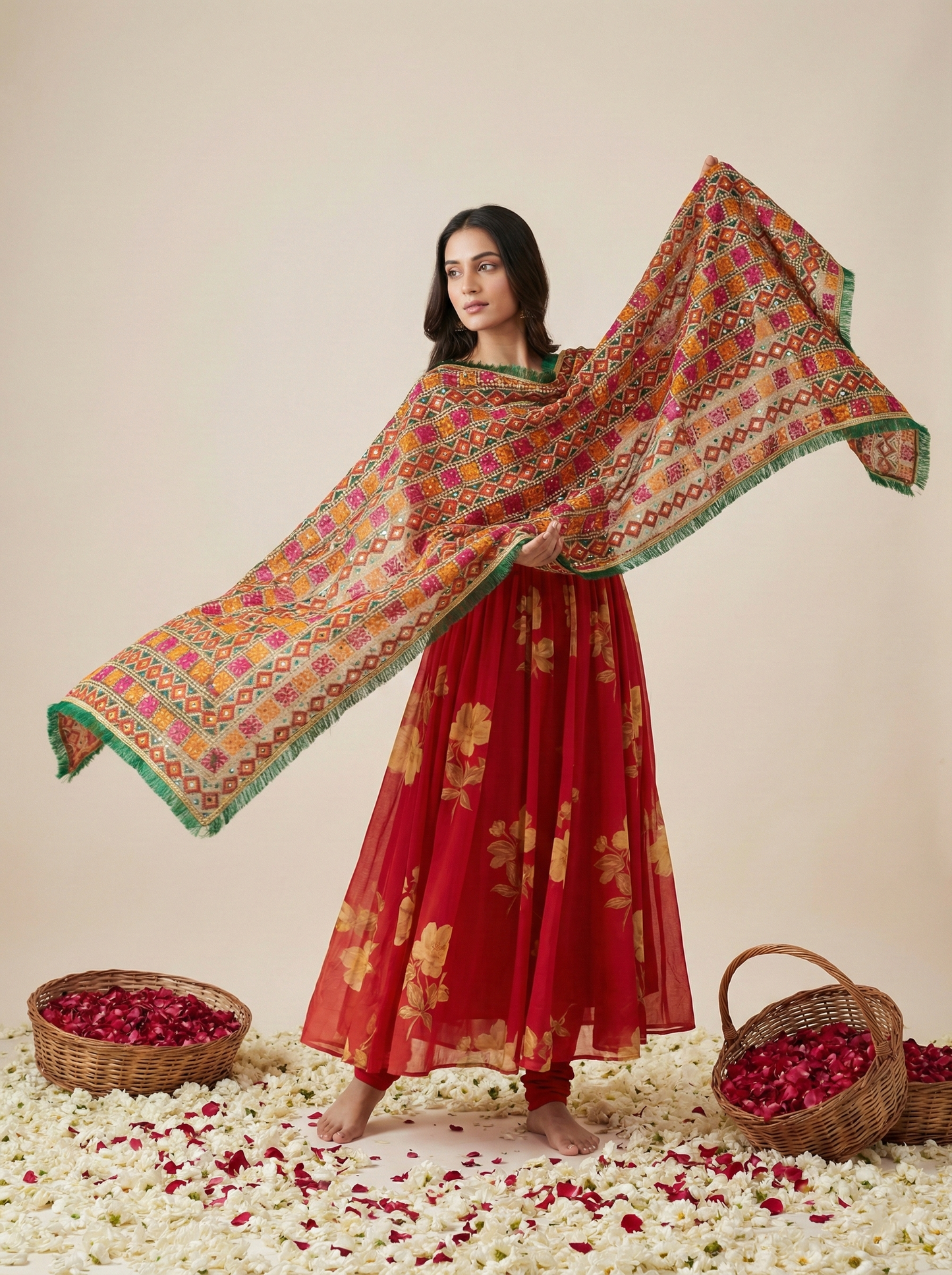 Emerald Heritage Phulkari Dupatta with Mirror & Crystals