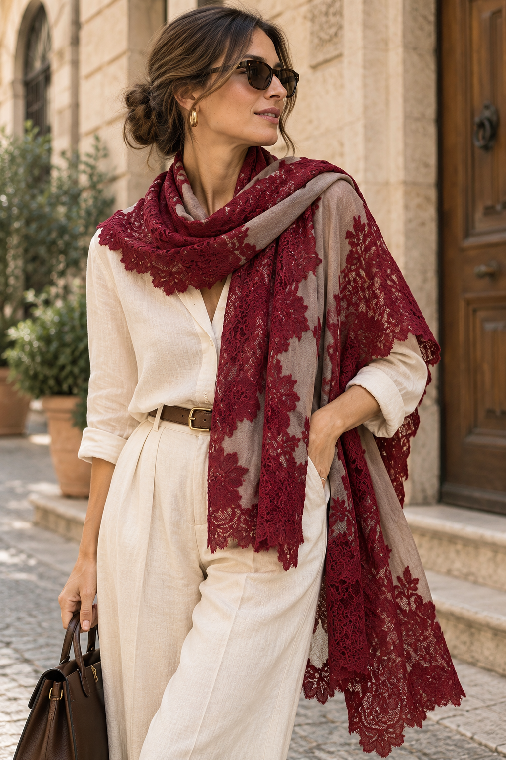 Semi Pashmina Stole with Net Lace Border | Handwoven Artisan Made Luxury Shawl in Red & Brown