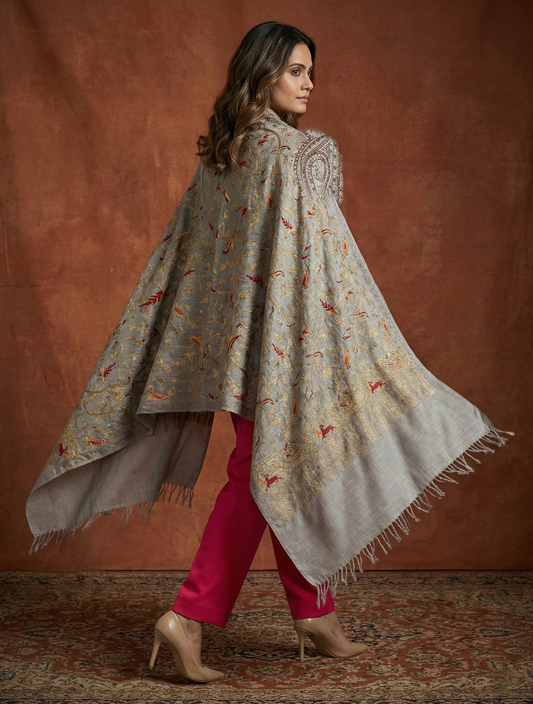 Grey Pashmina Shawl with Golden Zari Floral Embroidery