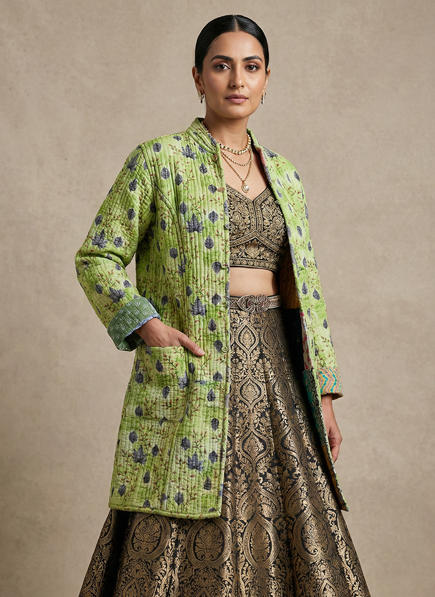 Handmade Green Kantha Long Jacket