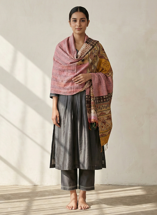 Heritage Bloom Mulberry Silk Kantha Shawl