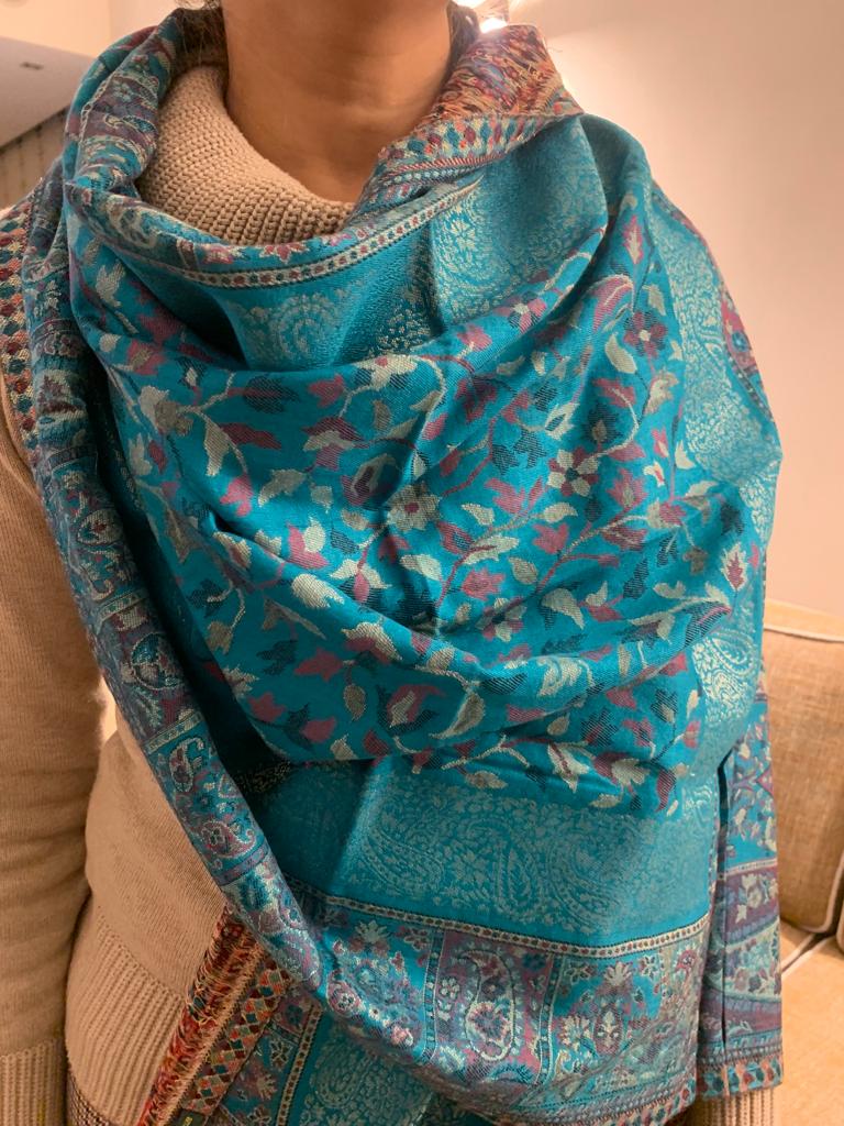 Royal Blue Handmade warm /soft /light Weight multicoloured Kanni Weave Pashmina /wool Scarf /Shawl with Fine Zari Embroidery.