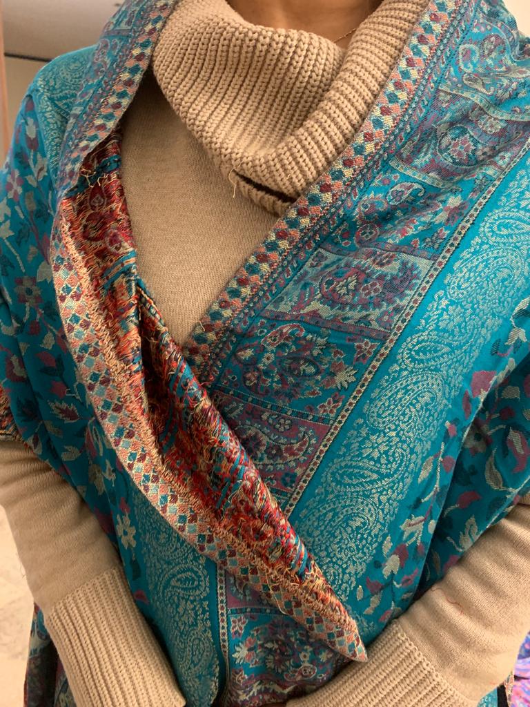 Royal Blue Handmade warm /soft /light Weight multicoloured Kanni Weave Pashmina /wool Scarf /Shawl with Fine Zari Embroidery.