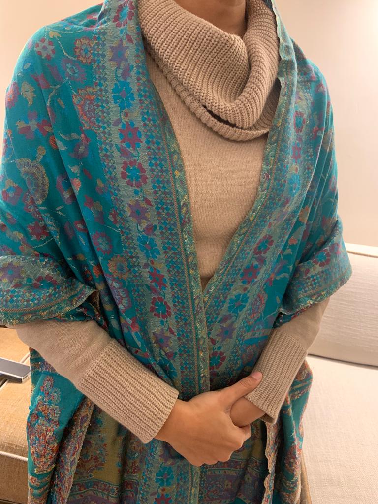 Royal Blue Handmade warm /soft /light Weight multicoloured Kanni Weave Pashmina /wool Scarf /Shawl with Fine Zari Embroidery.