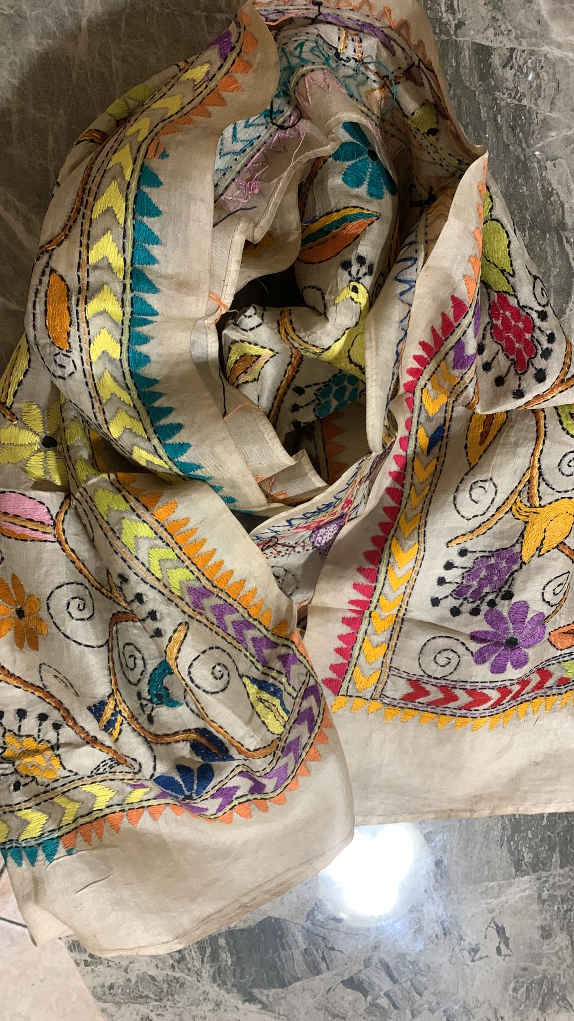 Very beautiful hand painted hand embroidered multicoloured pure Tusar silk kantha stole