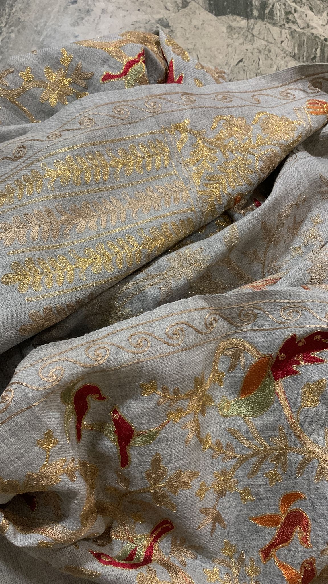 Handmade Kashmiri shawl zari metallic embroidery all over grey cashmere scarf with golden red embroidery