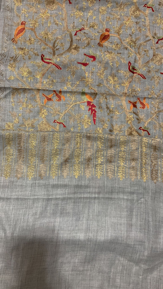 Handmade Kashmiri shawl zari metallic embroidery all over grey cashmere scarf with golden red embroidery