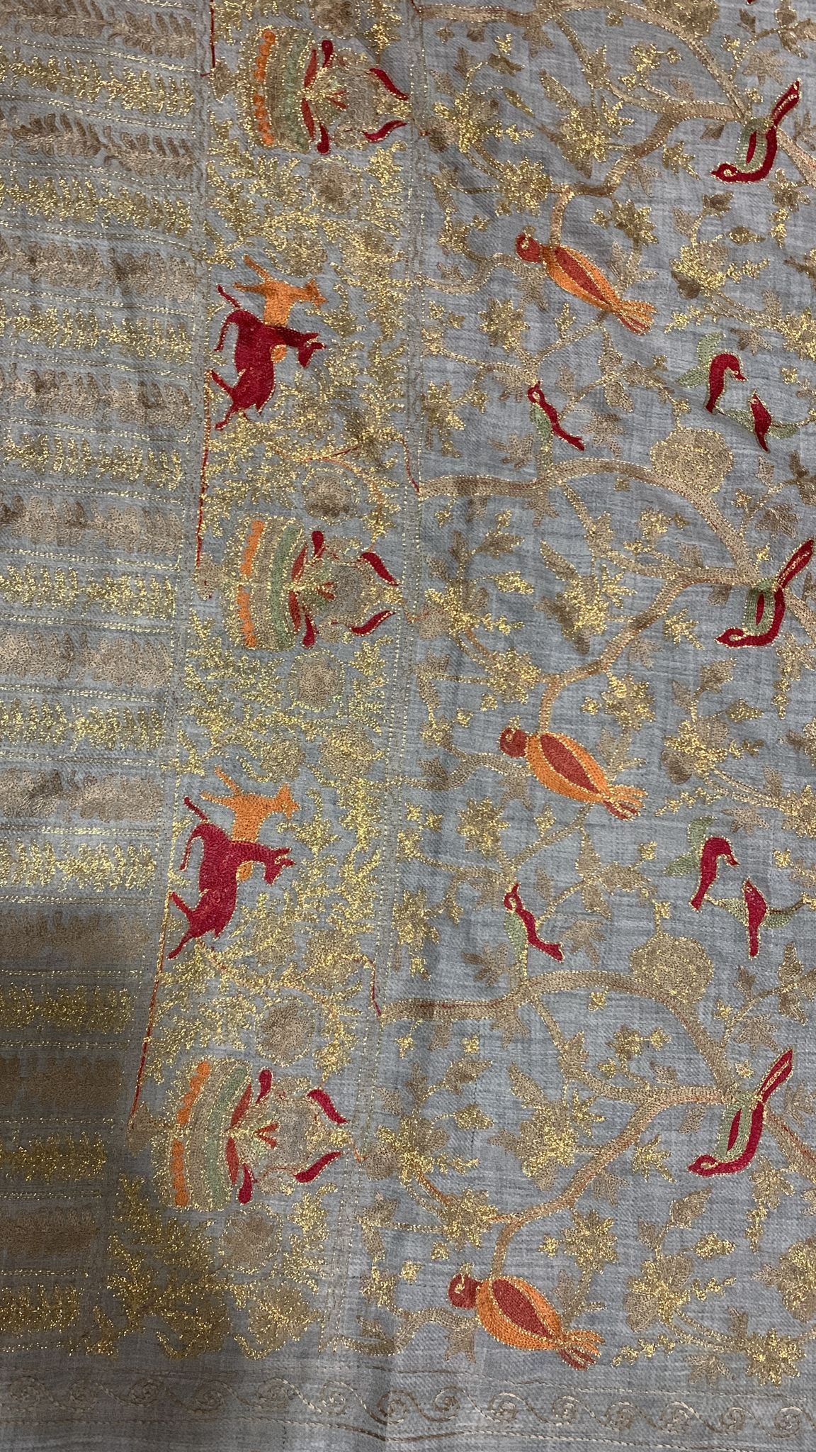 Handmade Kashmiri shawl zari metallic embroidery all over grey cashmere scarf with golden red embroidery