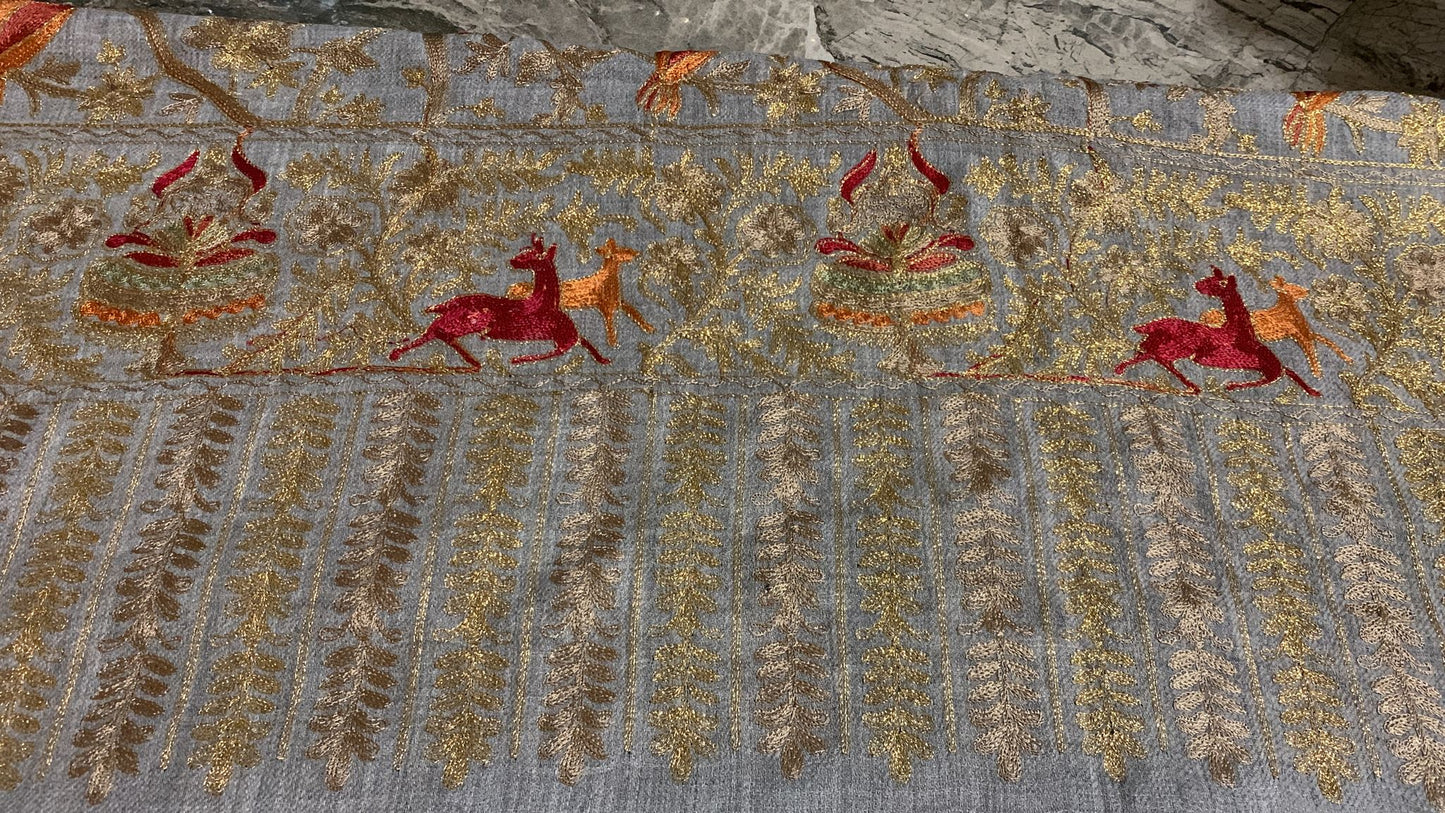 Handmade Kashmiri shawl zari metallic embroidery all over grey cashmere scarf with golden red embroidery