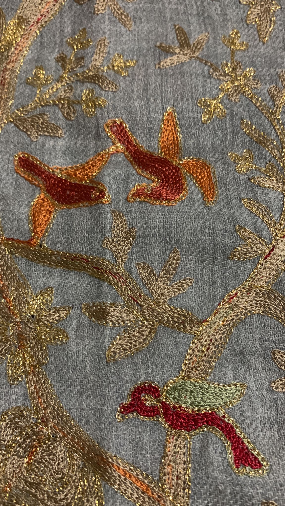 Handmade Kashmiri shawl zari metallic embroidery all over grey cashmere scarf with golden red embroidery