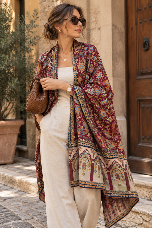 Embroidered Pashmina-Style Wool Shawl in Maroon | Multicolour Floral Digital Embroidery Painted-Look Shawl