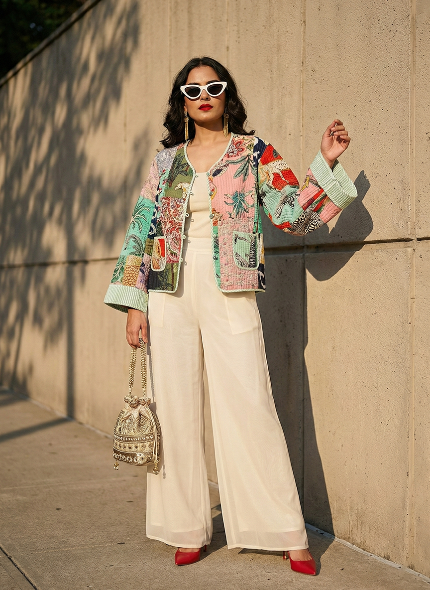 Light Green & Pink Kantha Jacket