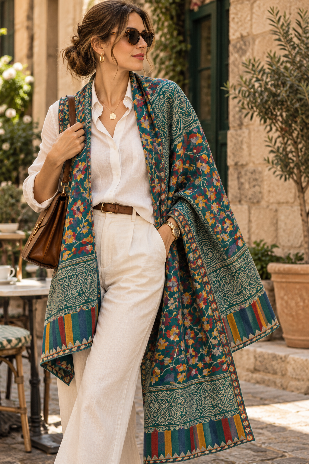 Artisan Made Kani Weave Paisley Shawl in Sea Green | Kashmiri Wool Pashmina-Style Scarf with Multicolour Flowers