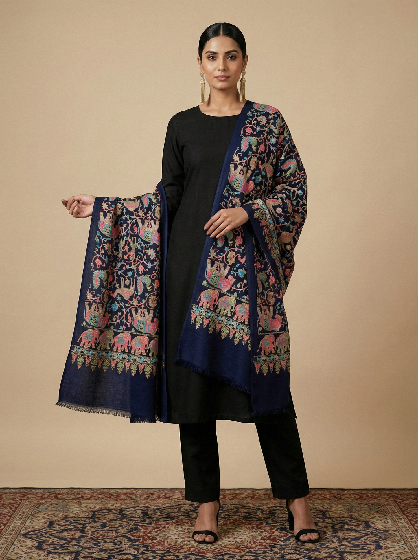 Navy Kashmiri Aari Zari Wool Shawl