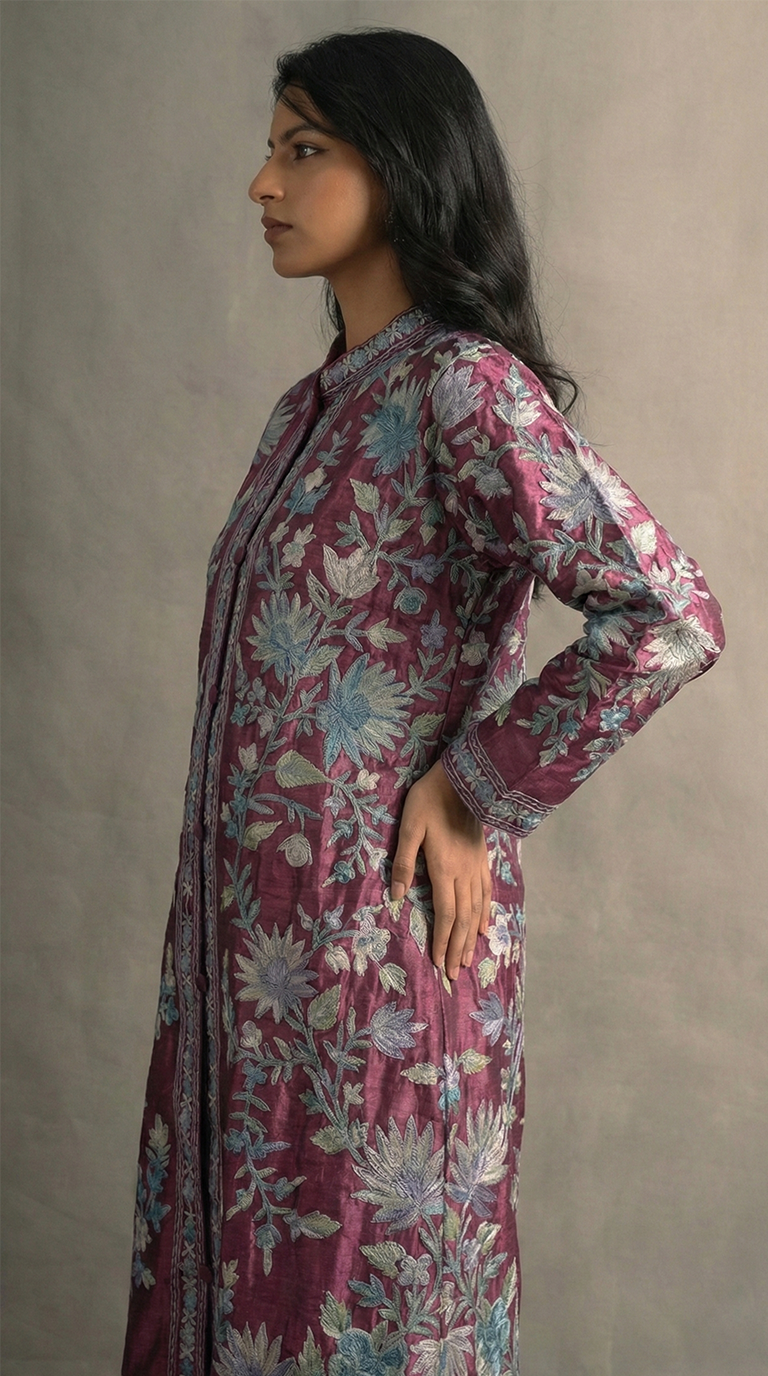 Kashmiri Kashida Raw Silk Long Coat