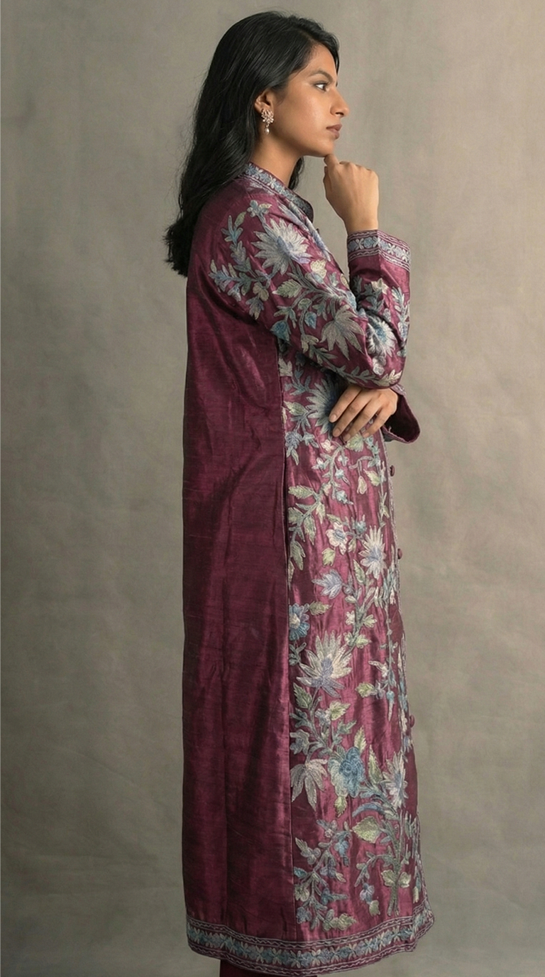 Kashmiri Kashida Raw Silk Long Coat