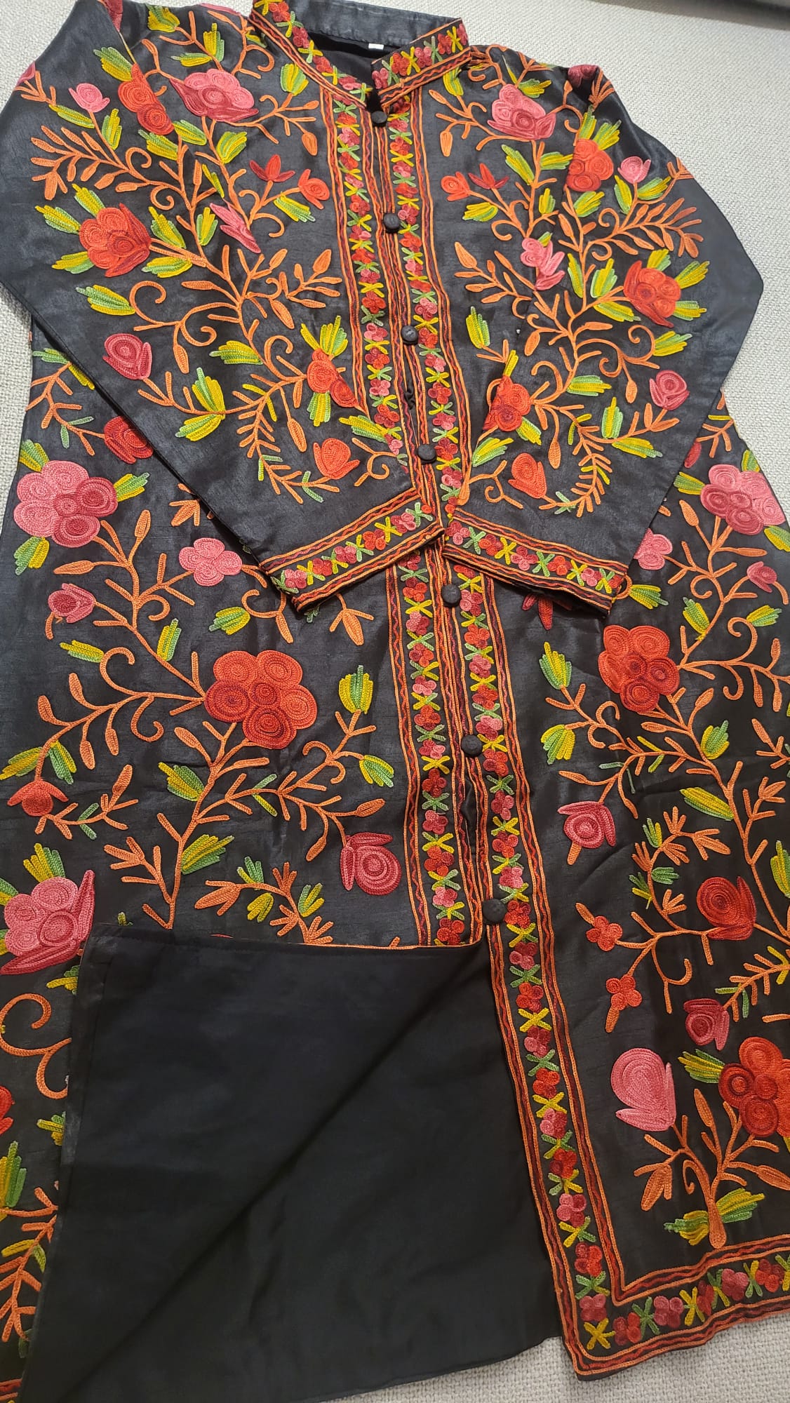 Beautiful Hand Embroidered long Raw Silk Kashmir Jacket/Bohemian Coat/handmade coat Perfect for all season