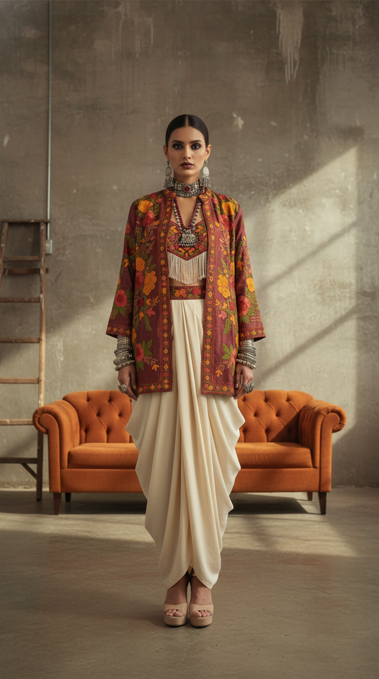 Woman in traditional outfit standing in a room with orange chairs and a ladder.