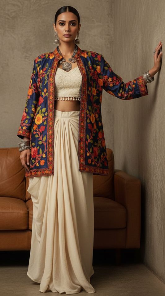 Indigo Kashmiri Raw Silk Jacket