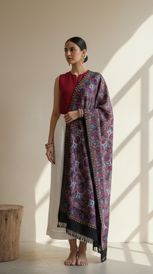 Elegant Hand embroidered artisan made warm Sozni / Sozan kaari  black shawl/scarf with multicolour Embroidery