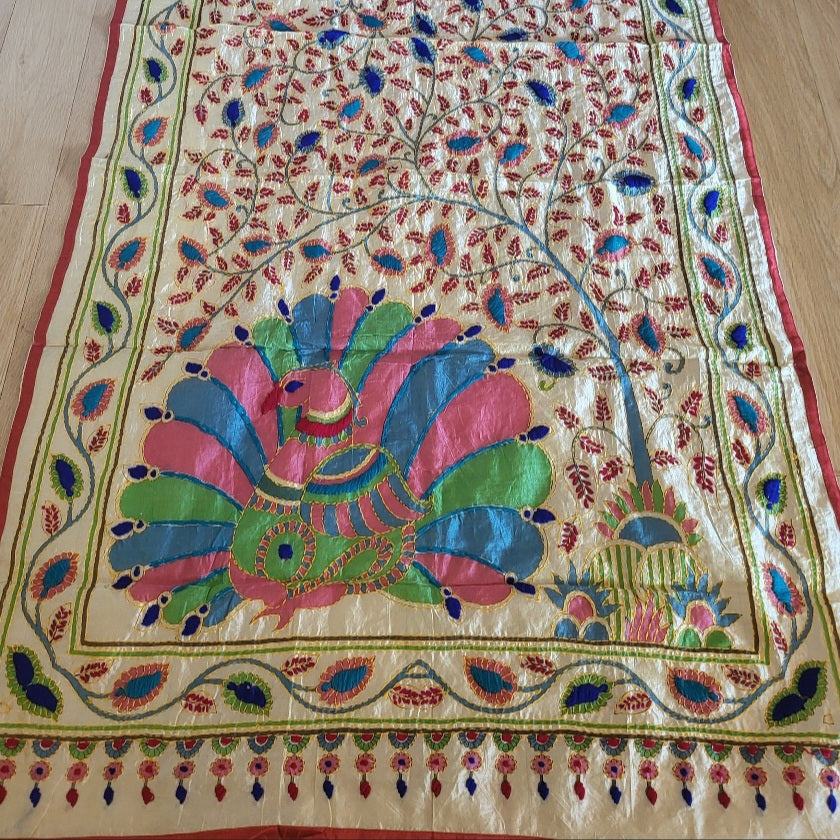 Hand Embroidered Tussar Silk Kantha Scarf/dupatta very elegant and beautiful with peacock and leaves kantha embroidered work