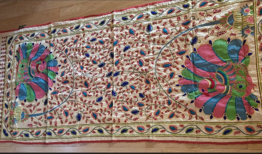 Hand Embroidered Tussar Silk Kantha Scarf/dupatta very elegant and beautiful with peacock and leaves kantha embroidered work