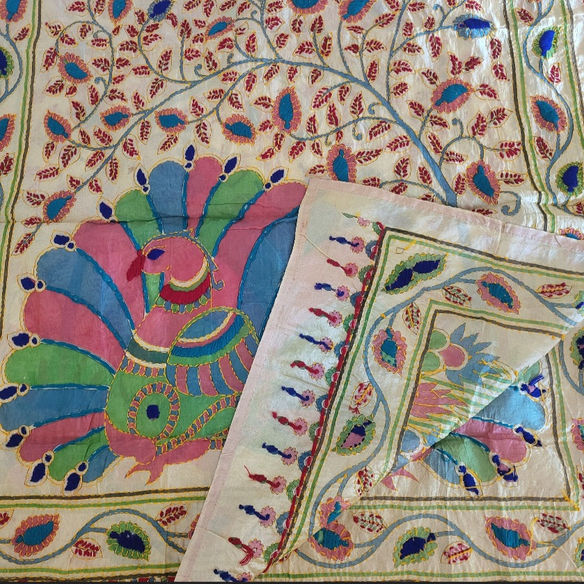 Hand Embroidered Tussar Silk Kantha Scarf/dupatta very elegant and beautiful with peacock and leaves kantha embroidered work