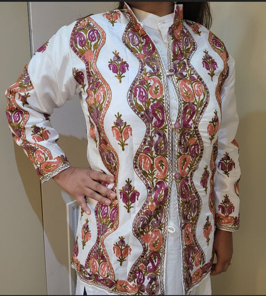 Beautiful White Hand Embroidered long Raw Silk Kashmir Jacket/Bohemian Coat / handmade over coat Perfect for spring