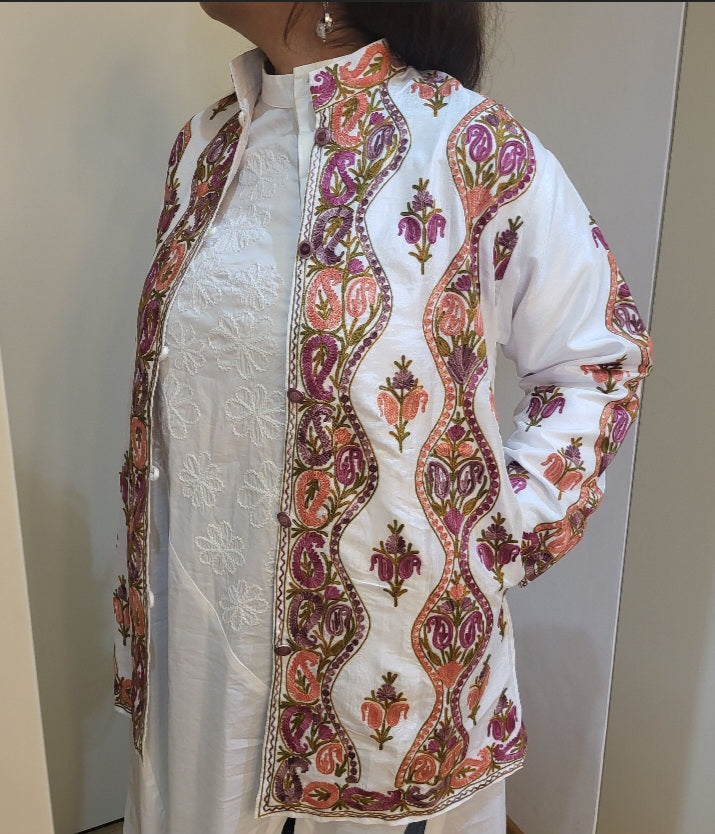 Beautiful White Hand Embroidered long Raw Silk Kashmir Jacket/Bohemian Coat / handmade over coat Perfect for spring