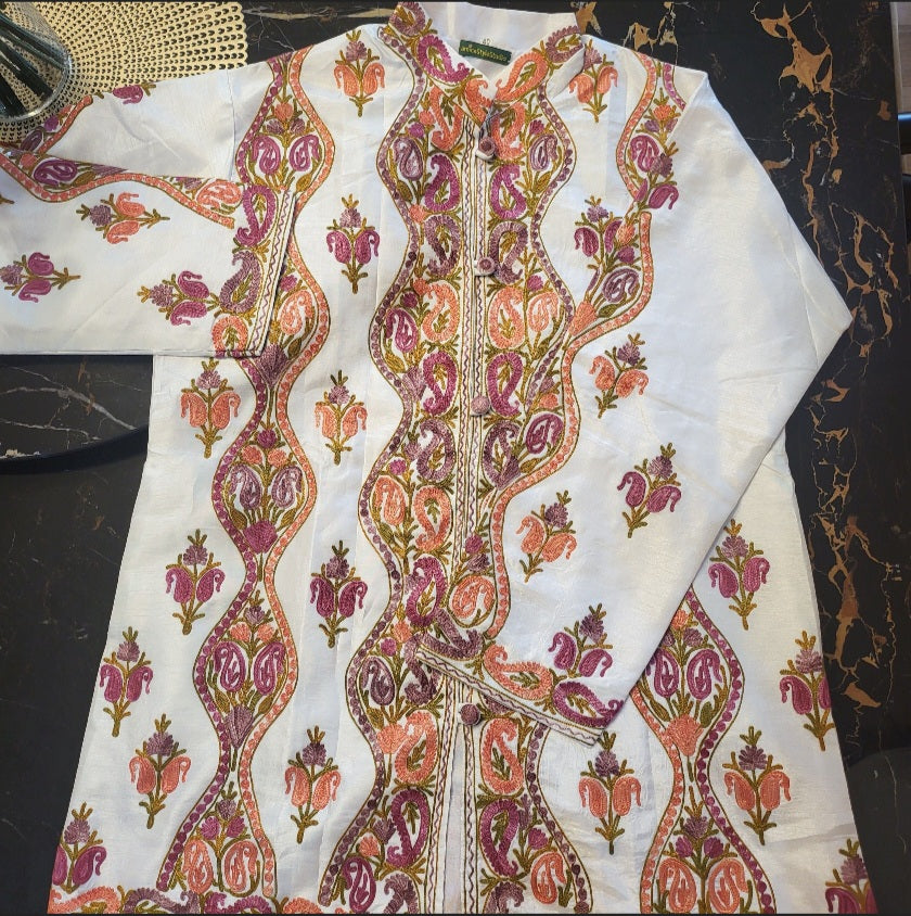 Beautiful White Hand Embroidered long Raw Silk Kashmir Jacket/Bohemian Coat / handmade over coat Perfect for spring