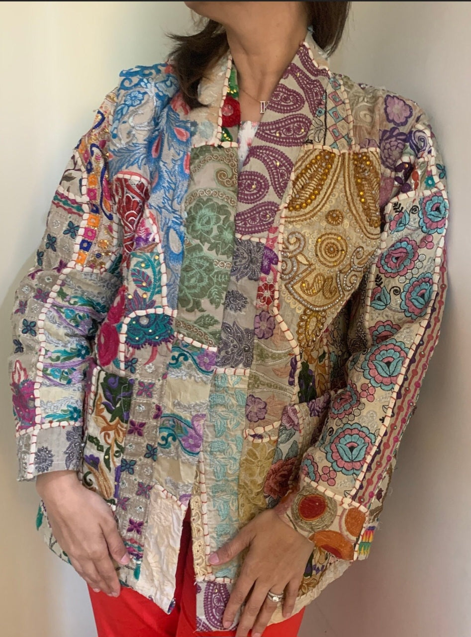 handmade boho silk cotton patch work coat with scattered zari work One of a Kind antique collection