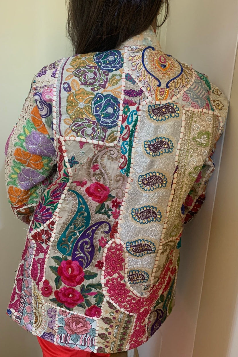 handmade boho silk cotton patch work coat with scattered zari work One of a Kind antique collection