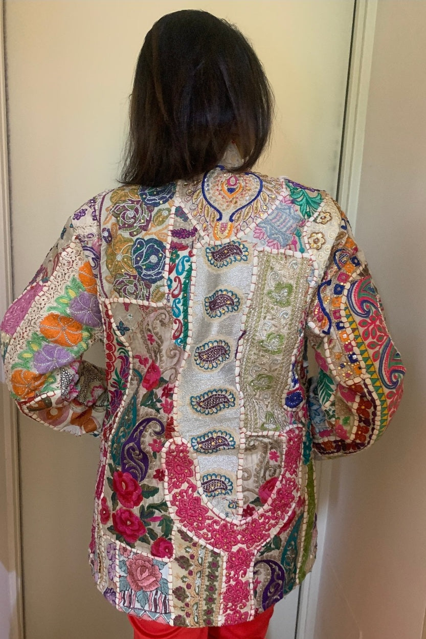 handmade boho silk cotton patch work coat with scattered zari work One of a Kind antique collection