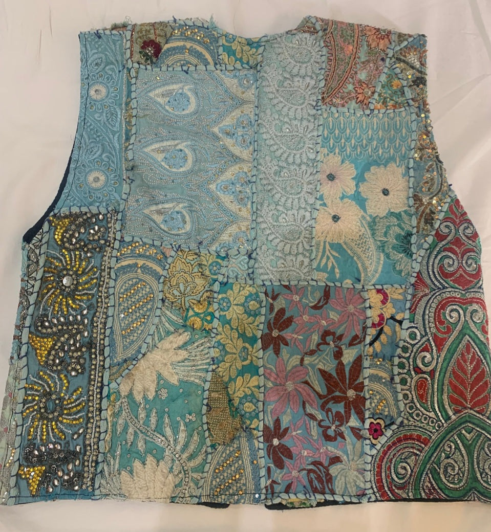 handmade boho silk cotton patches with scattered zari work sleeveless coat unique piece one of a kind from antique collection