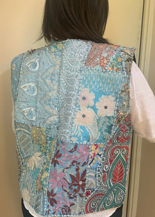 handmade boho silk cotton patches with scattered zari work sleeveless coat unique piece one of a kind from antique collection