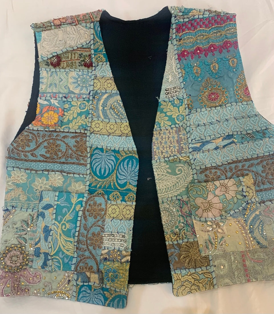 handmade boho silk cotton patches with scattered zari work sleeveless coat unique piece one of a kind from antique collection